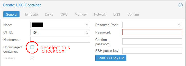 Proxmox privileged container creation settings www.itsembedded.com